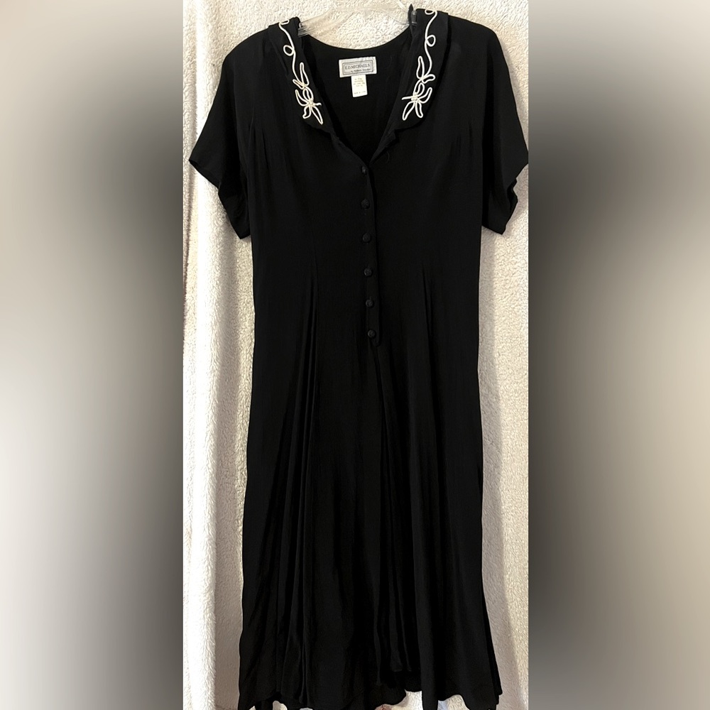 Vintage E.D Michaels 80’s Black Dress with Gorgeous White Embroidery Bead Collar